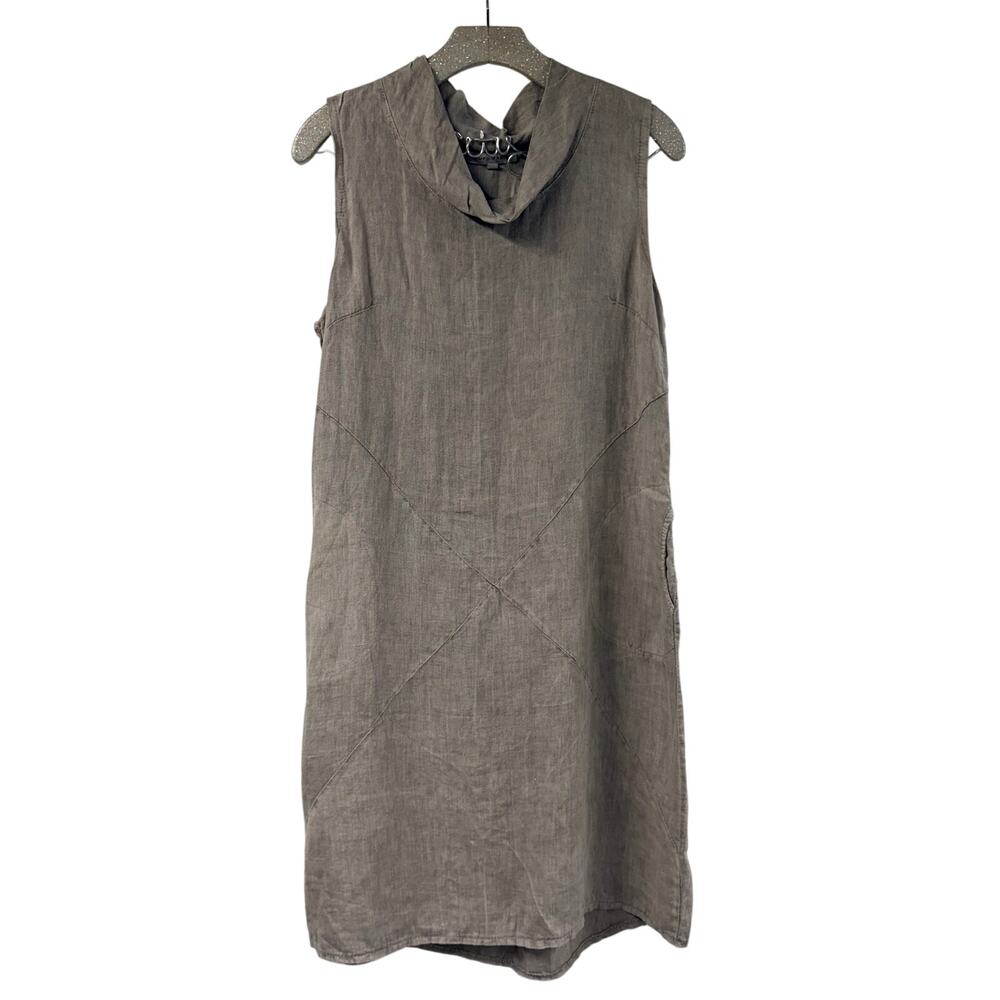 Tempo Paris Gray Dress Medium 100% Linen Lagenlook Pullover Pockets!